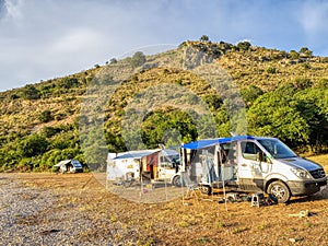 The Caravans of tourists in a beautiful bay, Greece