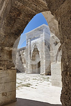 Caravanserai marble decorated door in Sultanhani. Silk road route. Turkey