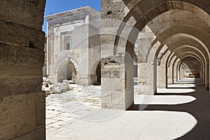 Caravanserai marble decorated door in Sultanhani. Silk road route. Turkey