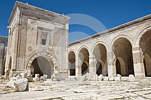 Caravanserai patio and arcade in Sultanhani. Silk road route. Turkey