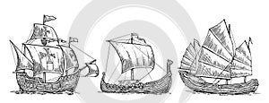 Caravel, drakkar, junk. Set sailing ships floating on the sea waves.