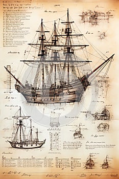 Caravel, sailing ship sketch. Technical drawing. Exploration and discovery concept. Nautical poster artwork design. Generative Ai