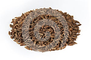 Caraway seeds isolated on white background. Cumin closeup, studio shooting.