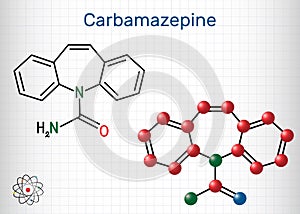 Carbamazepine, CBZ, C15H12N2O  molecule. It is anticonvulsant and analgesic drug, used in therapy of epilepsy and trigeminal photo