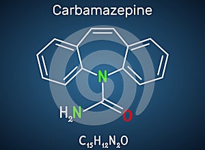 Carbamazepine, CBZ, C15H12N2O  molecule. It is anticonvulsant and analgesic drug, used in therapy of epilepsy and trigeminal photo