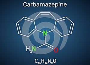 Carbamazepine, CBZ, C15H12N2O  molecule. It is anticonvulsant and analgesic drug, used in therapy of epilepsy and trigeminal