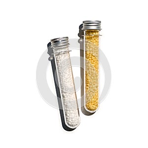 Carbamide and Candelilla Wax in PET preform bottle with aluminium cap. Cosmetic chemicals ingredient on laboratory table