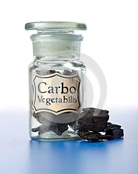 Carbo Vegetabilis, pure carbon in bottle