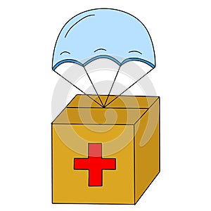 Carboard box with medical cross and parachute. Concept of international air shipping and fast delivery. Humanitarian aid for poor