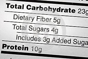 Carbohydrate dietary fiber added sugars food label protein diet photo