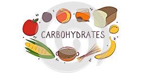 Carbohydrates-containing food. Groups of healthy products containing vitamins and minerals. Set of fruits, vegetables