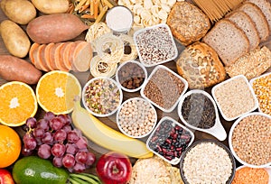 Carbohydrates food sources, top view on a table