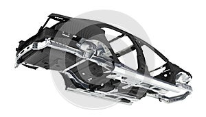 Carbon body car with metal elements  on white 3d illustration