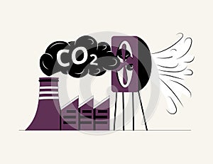 Carbon Capture Technology net CO2 footprint development strategy. Vector illustration with metaphor catching butterflies