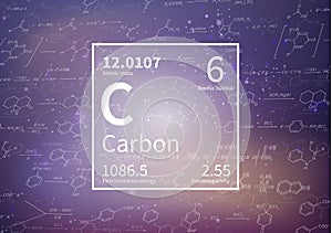 Carbon chemical element with first ionization energy, atomic mass and electronegativity values on scientific background