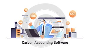 carbon credit accounting software businessman analyzing statistic data graphs responsibility of co2 emission environment