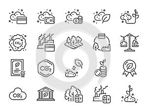 Carbon credit icon set. The icons included carbon offsets, pollution, eco, environment, carbon dioxide, and more.