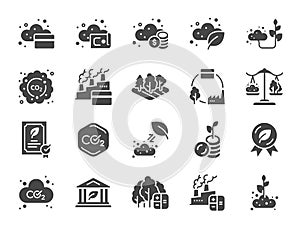 Carbon credit icon set. The icons included carbon offsets, pollution, eco, environment, carbon dioxide, and more.