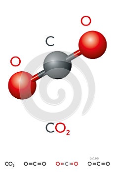 Carbon dioxide, CO2, molecule model and chemical formula