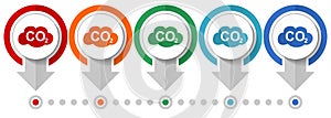Carbon dioxide, co2 vector icon set, flat design infographic template, set pointer concept icons in 5 color options for webdesign