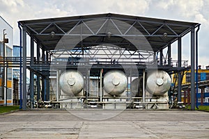Carbon dioxide production plant. Cryogenic CO2 tank carbonic acid distillation storage. Part of petrochemical plant