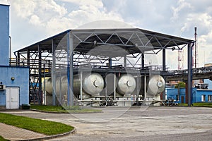 Carbon dioxide production plant. Cryogenic tank co2 carbonic acid distillation storage. Part of petrochemical plant