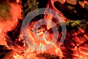 Carbon emission tax. Burning wood embers in close-up