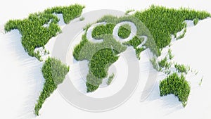 carbon emissions and greenhouse gas emissions concept of carbon footprint, grass planet Earth 3D illustration
