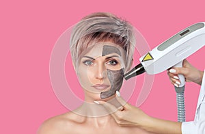 Carbon face peeling procedure in a beauty salon. Hardware cosmetology treatment. Hardware cosmetology