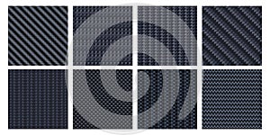 Carbon fiber texture. Interlaced fibers, carbonic woven and black aramid material seamless pattern vector set