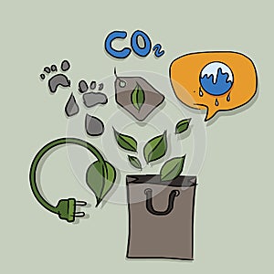 Carbon foot print global warming issue solving with responsible eco friendly shopping and reduce electronic power