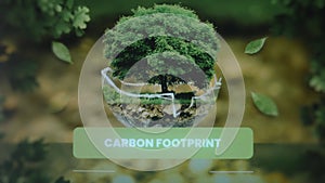 Carbon Footprint inscription. Graphic presentation with a green tree on background of falling leaves. Environment