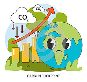 Carbon footprint. Sad Earth beside a CO2 gases. Air pollution. Global