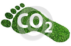 Carbon footprint symbol, barefoot footprint made of lush green grass with text CO2