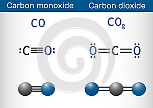 Carbon monoxide CO and carbon dioxide CO2 molecule. Structural chemical formula and molecule model