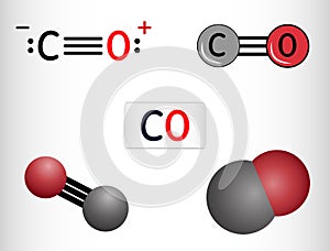 Carbon monoxide, CO molecule. Ð¡arbon and oxygen atoms are connected by a triple bond. Structural chemical formula and molecule