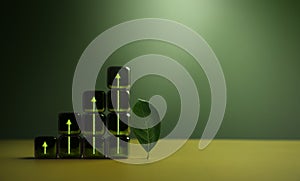 Carbon Nautral, ESG Concepts. Green Leaf with Up Arrow Block .Meaning of Plant a Tree, Environmental, Business and Technology photo