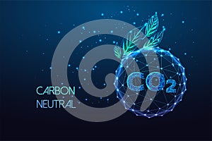 Carbon neutral, net zero emission concept with CO2 inside of sphere and green leaves on dark blue photo