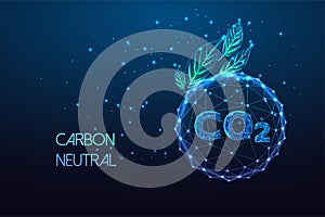 Carbon neutral, net zero emission concept with CO2 inside of sphere and green leaves on dark blue