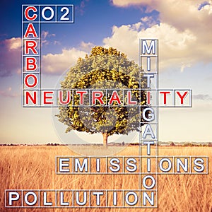 Carbon Neutrality concept against a rural scene - Crossword puzzle and solution concept