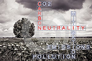Carbon Neutrality concept against a rural scene - Crossword puzzle and solution concept