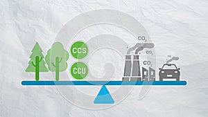 Carbon neutrality concept. Carbon dioxide reduction. CO2 gas emissions balance with carbon absorbed by trees and carbon capture