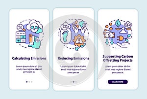 Carbon offsetting steps onboarding mobile app page screen with concepts