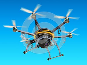 Carbon quadrocopter drone with digital camera in sky.