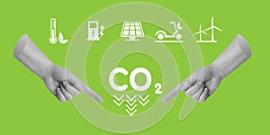 Carbon reduction, sustainable resources, Ecology, stopping global warming. Two hands point to the need for CO2 reduction
