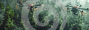 Carbon sequestration projects in a forest planting trees to capture CO2 with drones monitoring the growth and health of the area photo