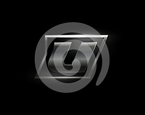 Carbon speed Letter U logo, dark matte metal carbon texture. Drive dynamic steel letter, turbo bold italic chrome