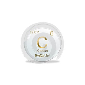 carbon symbol - C. Element of the periodic table on white ball with golden signs. White background