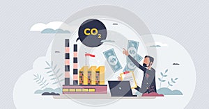 Carbon tax payment as factory CO2 gas emissions charge tiny person concept