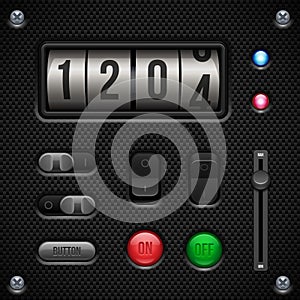 Carbon UI Application Software Controls Set. Switch, Knobs, Button, Lamp, Volume, Equalizer, Counter